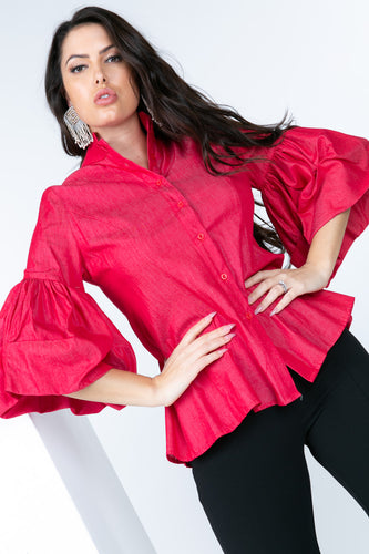 Red Denim Balloon Sleeve Blouse