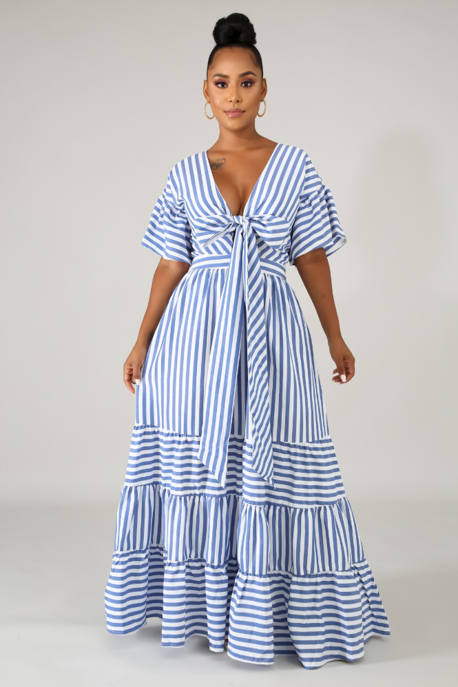 Stripe Bow Tie Maxi Dress