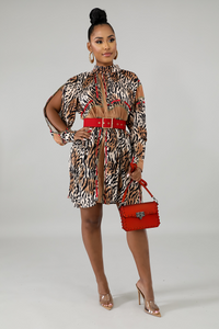 Slit Sleeve Animal Print Midi Dress